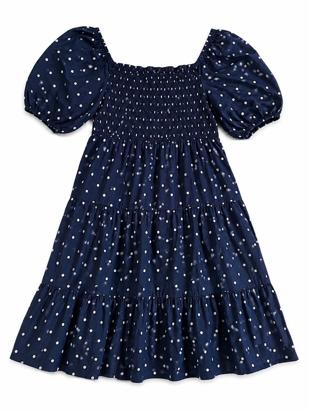 Handmade 100% Pre Washed Cotton Girls Navy Blue Polka Dot Dress 12/13